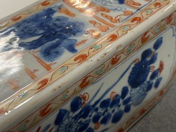 A square Chinese verte-Imari flask with floral and landscape panels, Kangxi